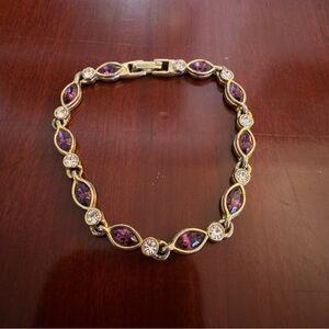 Tennis Bracelet Gold Tone Bezel Set Marquise Purple Stones Box Closure